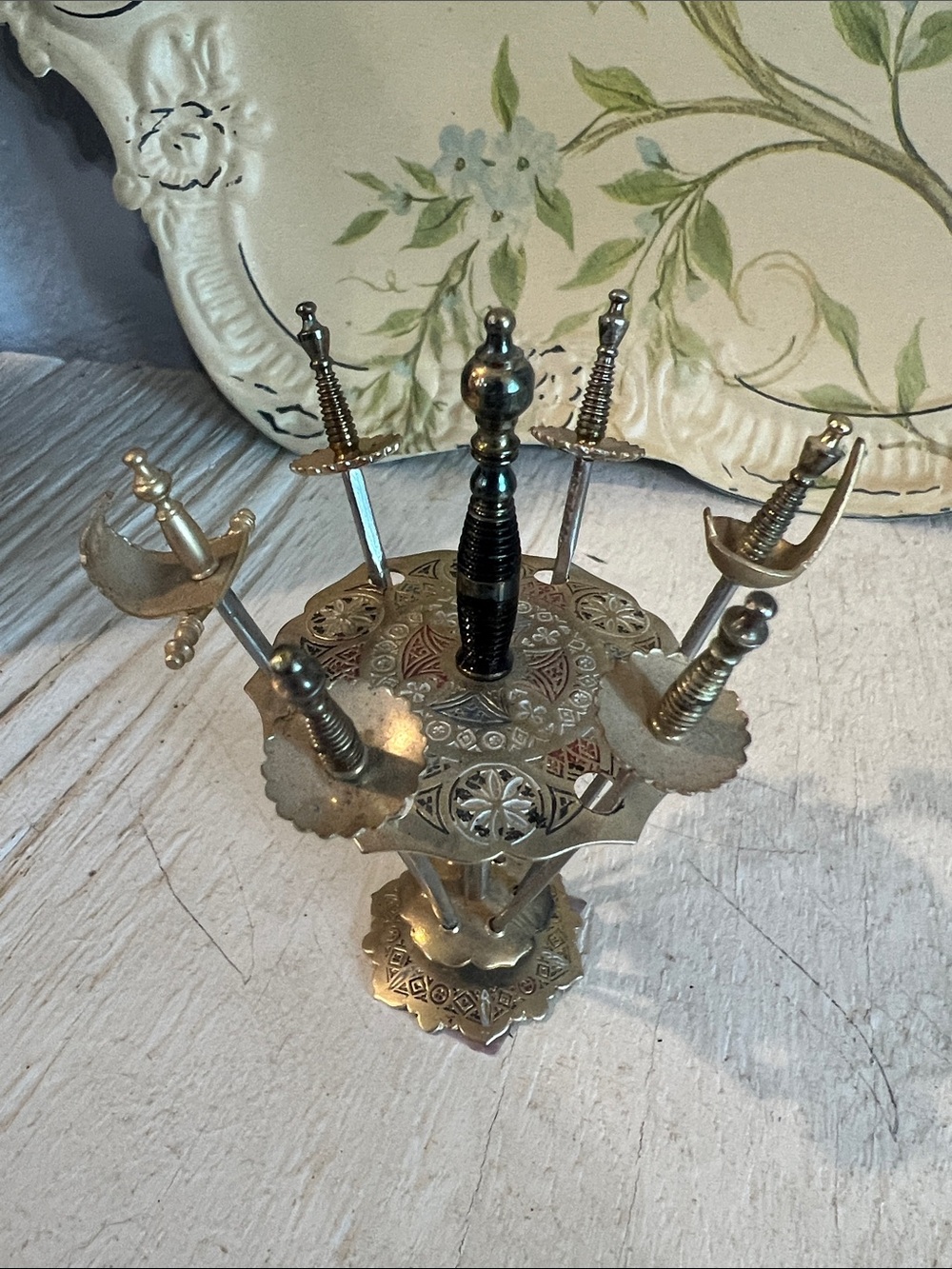 Vintage Mid-Century Barware Decorative Skewer Stand with Sword Picks -